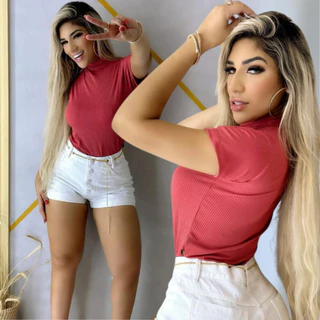 Blusa Feminina Casual Goiaba com Gola Manga Curta- tecido canelado