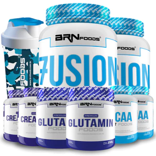 KIT 2x Whey Protein Fusion Protein 900g + 2x BCAA 100g + 2x Creatina Premium 100g + 2x Glutamina 250g + Coqueteleira - BRNFOODS