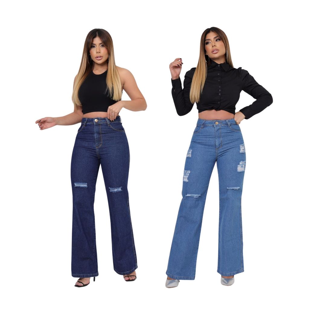 Calça Jeans Feminina Wide Leg Pantalona Cintura Alta