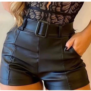 Short Cirre Couro Fake Feminino Cintura Alta Com Cinto Bolso Shorts Preto