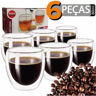 Kit 6 Copo Café 80ml Xícara Vidro Parede Dupla Transparente Borossilicato - Ke Home