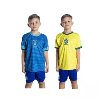 2 kit conjunto infantil e juvenil seleção brasileira camisa e shorts bordados