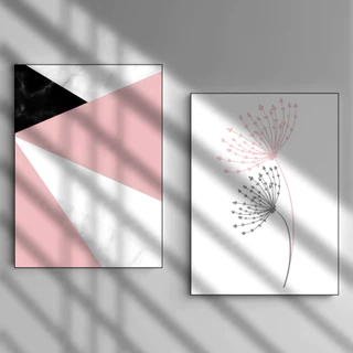 Kit 2 Quadros Decorativos 20x28 ou 21x30 Arte Geométrica e Flores, Decoração Tons Rosa e Cinza, Arte Moderna Para Quarto, Sala, Escritório, Cozinha MDF
