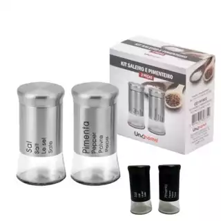 Kit Saleiro e Pimenteiro Vidro e Aço Inox 2 Peças Inox ou Preto