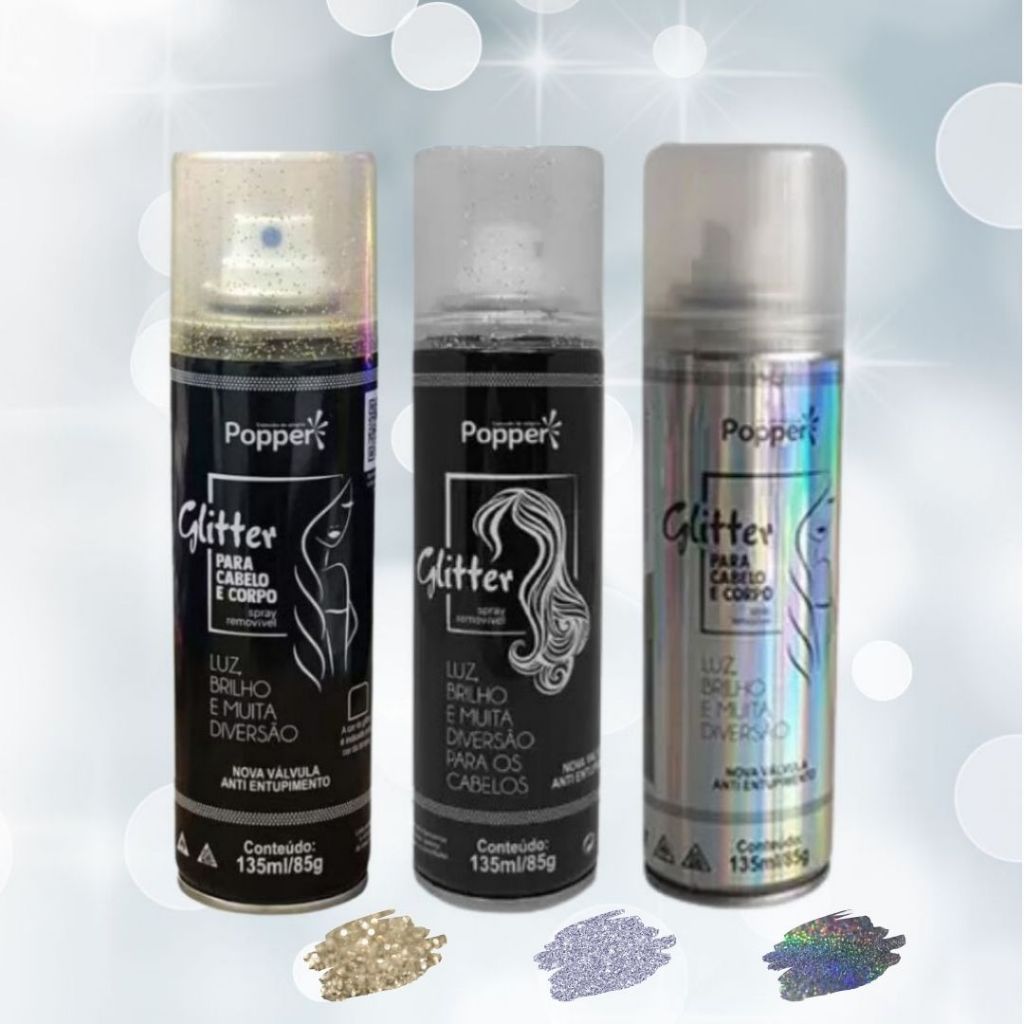 Spray Glitter Para Cabelo e Corpo Popper Prata / Dourado /Holográfico ...