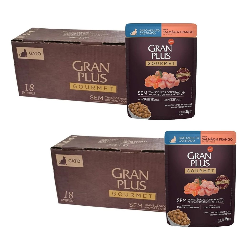 Gran Plus Sachê Gourmet Gato Adulto Castrado Salmão E Frango 36x85g 36