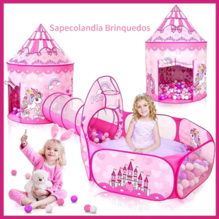 Barraca Rosa Infantil 3 em1 Castelo Túnel Piscina de Bolinhas com Cesto de Basquete