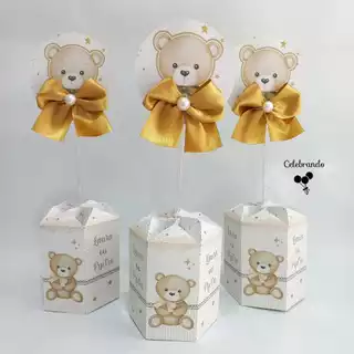 Centro de mesa Ursinho Chá de Bebê Personalizados Cachepo Chá Revelação