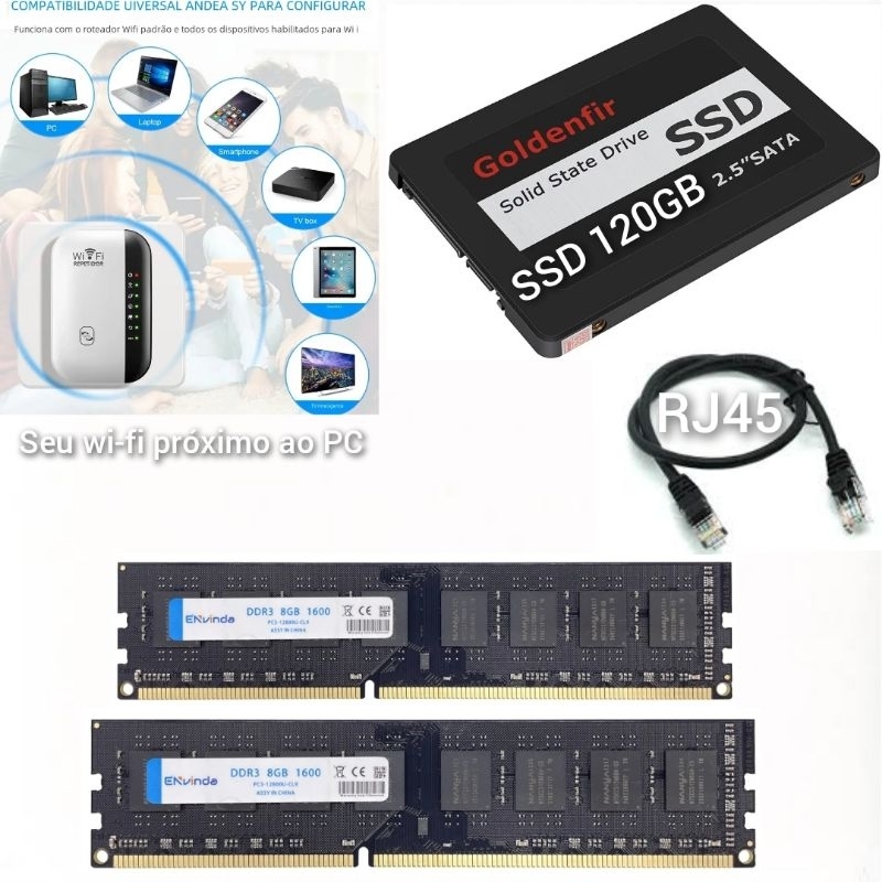 Conjunto Game SSD 120GB, 2x DDR3 8GB 1600MHz, Receptor Wi-Fi