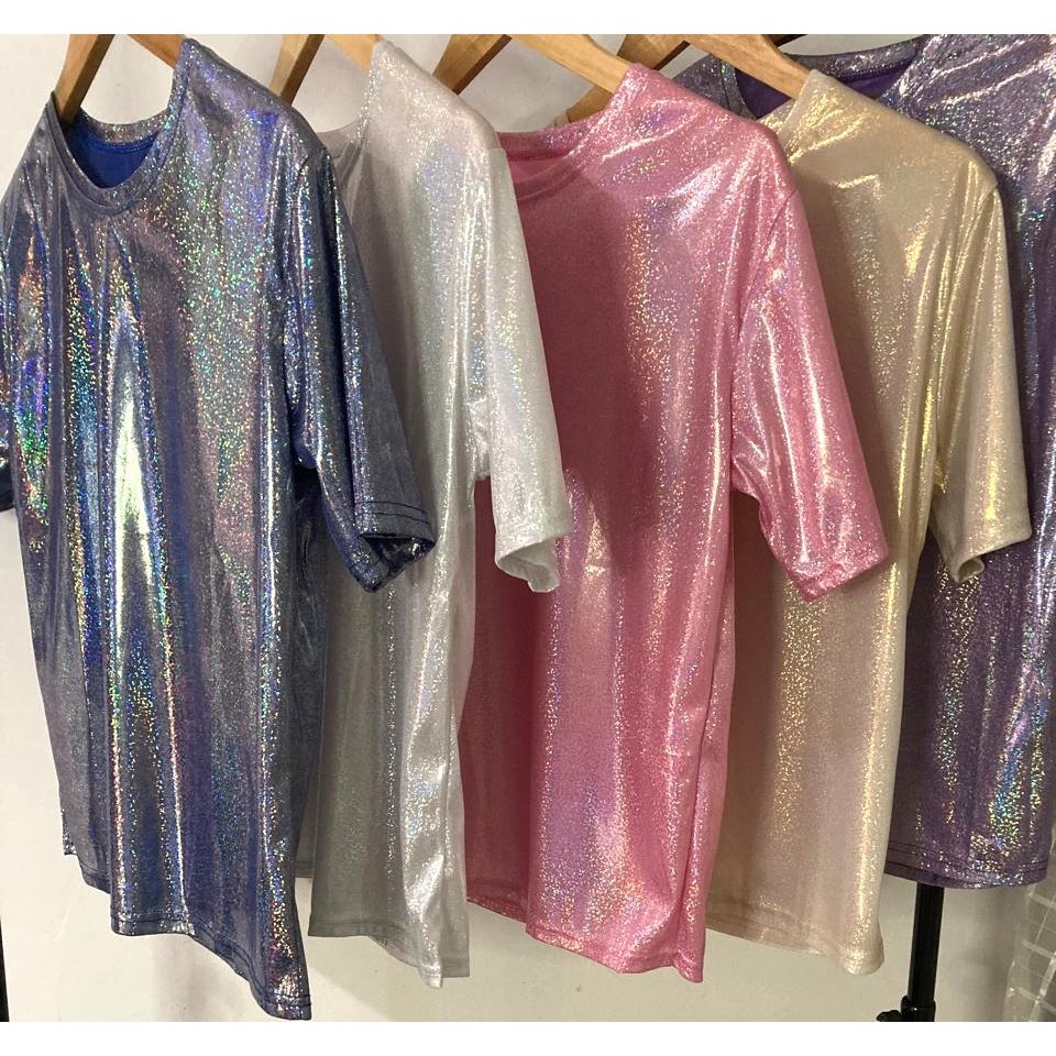 Blusa Holográfica Feminina Camiseta Brilhosa T-shirt Cores Metalizada ...