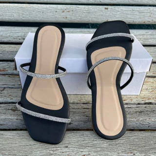 Sandália Feminina Com 2 tiras Pedras Promoção Shopee Rasteirinha Lançamento Atacado CF004