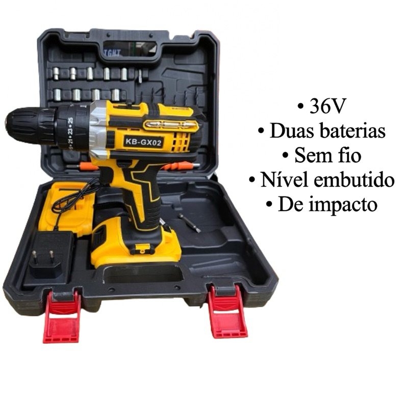 Parafusadeira Furadeira Parafusadora 36V com IMPACTO com 2 Baterias Sem Fio Bivolt Com Maleta