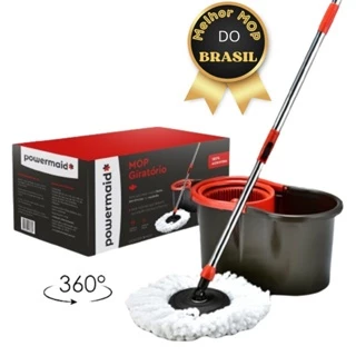 Mop Giratório Esfregão Limpeza Balde Rodo Cabo Inox Cesto Refil Microfibra Vassoura Multiuso Centrífuga 360° Completo Flexível Vermelho e Preto
