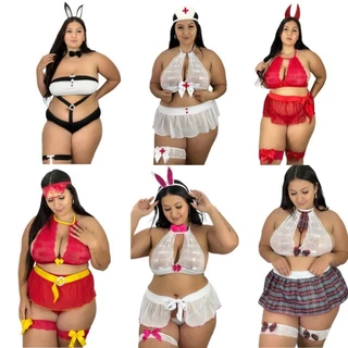 Cojunto Sexy Fantasia Luxo Plus Size Lingerie de renda Sex Shop cropped e saia Sexy shop com tanga