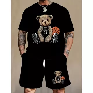 Conjunto Camiseta Básica Urso Basquete Masculina Feminina Algodão Camisa Costura Reforçada Unissex StreetWear + Bermuda Urso Basquete Moletom Masculina Short Treino Academia Esporte Fitness Casual com Bolso