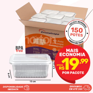150 Potes 500ml Retangulares Descartáveis Com Tampa Para Freezer e Microondas Cristalcopo
