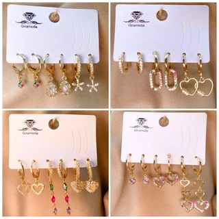 Kit 4 brincos cravejado pedra de zirconia argolinha pingente/coracao/correntinha/bolinha folheados a ouro18k e prata 925
