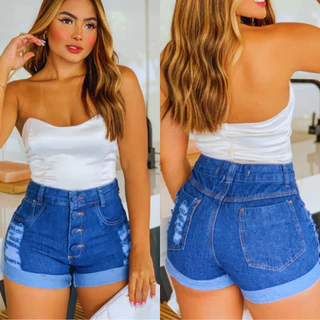 Bermuda Short Feminino Cintura Alta Cós Alta Jeans Short Curto Barra Dobrada Empina Bumbum Jeans Rasgado Feminino