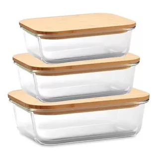 Kit 3 Potes Vidro Hermético Mantimentos Retangular Marmita Tampa Bambu Premium