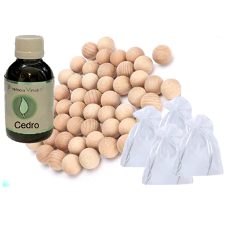 Bola Anti Mofo Traça 50 Un. + 1 Essência 100 ml Aroma Cedro + 10 Saquinhos Organza