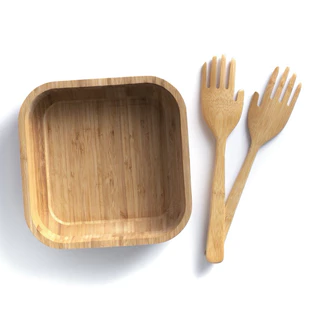 KIT BOWL DE BAMBU QUADRADO GRANDE MULTIUSO + PEGADOR DE SALADA MÃOZINHAS EM BAMBU NATURAL - OIKOS