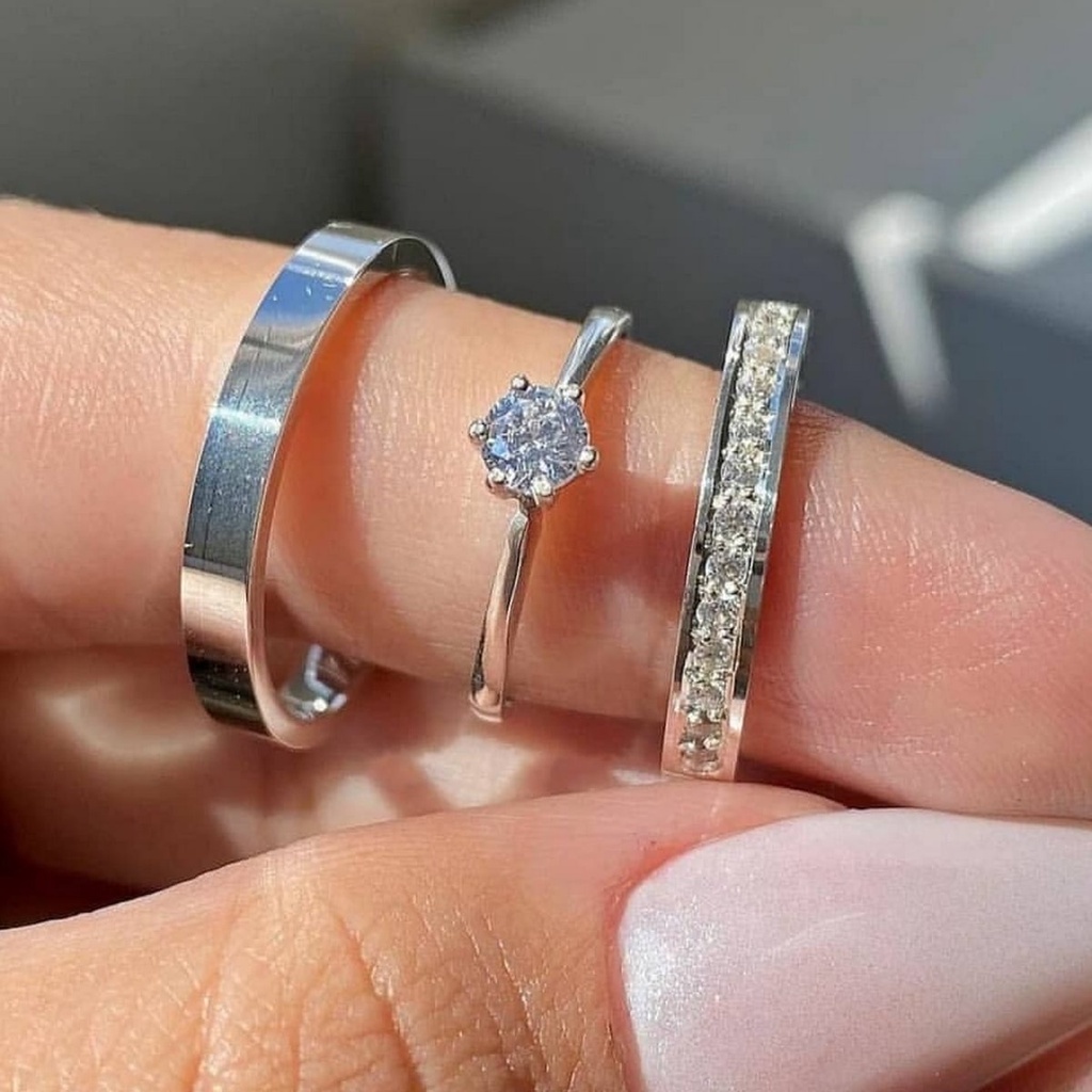 Par de Alianças de namoro fininha 3mm minimalista Prata 950 + anel Solitario de compromisso
