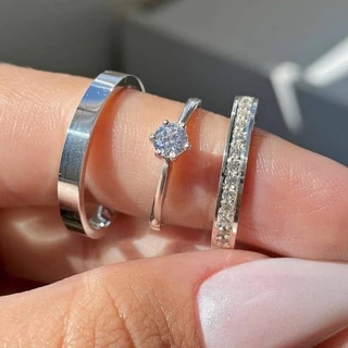 Par de Alianças de namoro fininha 3mm minimalista Prata 950 + anel Solitario de compromisso
