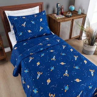 Colcha Bouti Cobre Leito Solteiro Infantil Dupla Face Estampado Galaxia 02 peças
