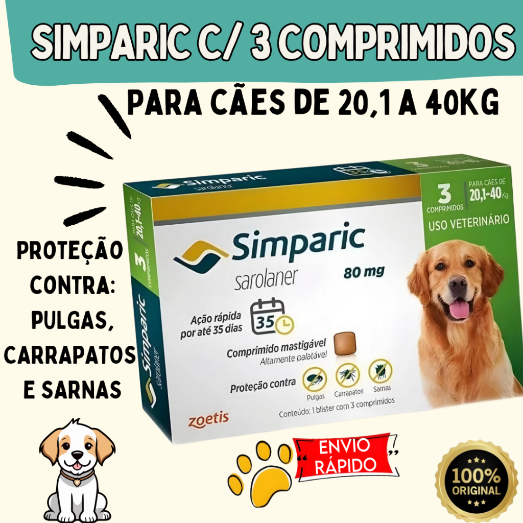 Simparic 80mg cx com 3 comprimidos para cães de 20,1 a 40kg, antipulgas ...