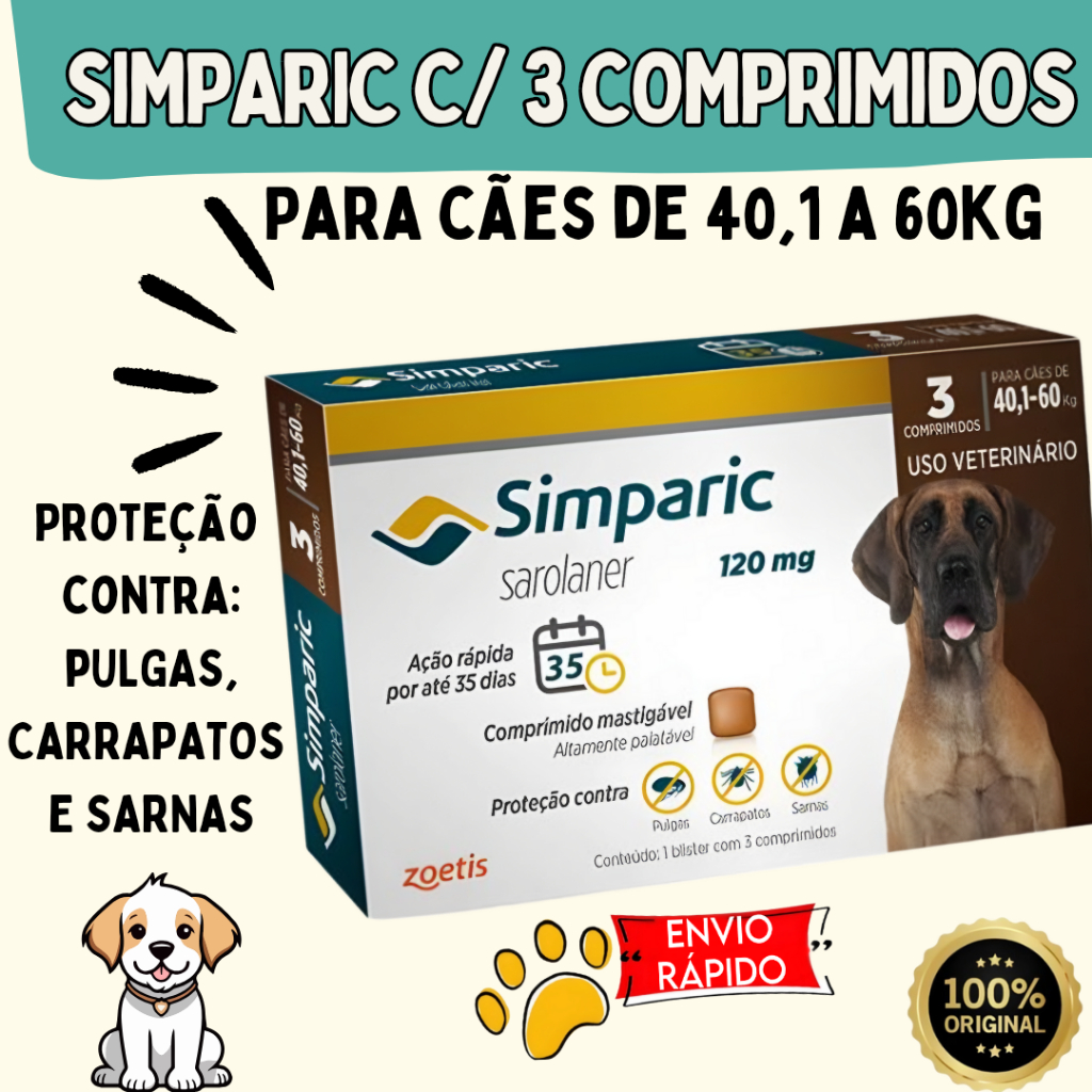 Simparic 120mg cx com 3 comprimidos para cães de 40,1 a 60kg ...