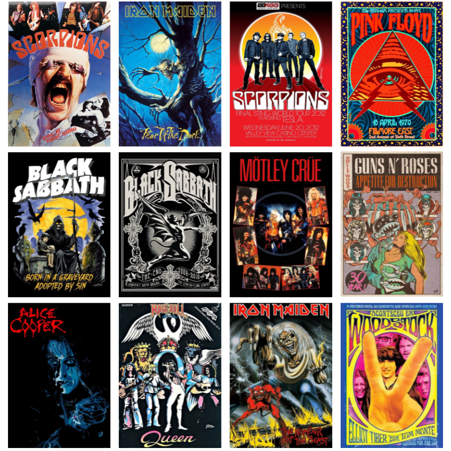 12 Pôsteres Premium - Rock Clássico - Várias Bandas Metallica Iron Maiden Pink Floyd Scorpions