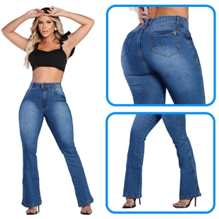 Calça Jeans Feminina Flare Cos Alto Levanta Bumbum Com Lycra Boca De Sino