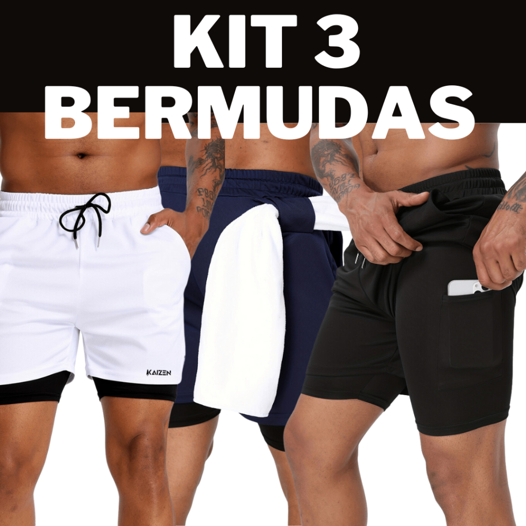 Shorts 2 em 1 masculino academia linha kaizen premium bermuda masculina com bolso laterais e internos