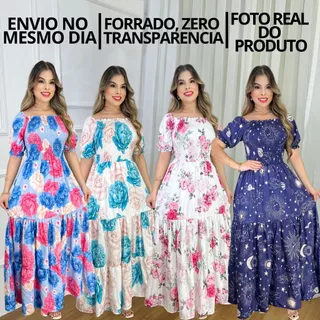 Vestido longo feminino três marias estampados e lisos manga bufante
