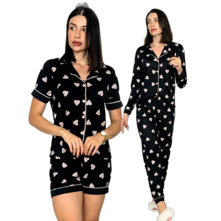 Kit 2 Pijamas Feminino Adulto Americano blogueira Curto Longo Malha amamentação