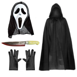 Kit 1 Capa com capuz de 1,40m + 1 Mascara do Pânico +1 luva de tecido 21cm 1 faca de plastico com sangue falso cm Halloween Terror