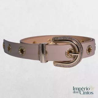 Cinto Feminino Nude Básico Com Ilhós Dourados E Brilho