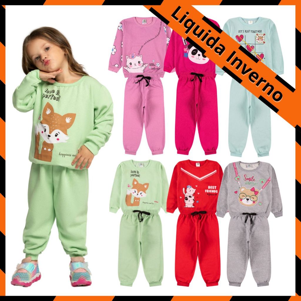 Kit Sortido 2 Peças de Roupas Feminino Infantil Inverno – 1 blusa casaco + 1 calça de 1 ao 10 – Kit 1 Conjunto Moletom Infantil Menina Inverno com Calça e Casaco