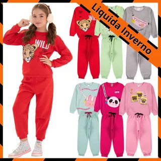 Kit Sortido 6 Peças de Roupas Feminino Infantil Inverno – 3 blusas casacos + 3 calças de 1 ao 10 – Kit 3 Conjuntos Moletom Infantil Menina Inverno com Calça e Casaco