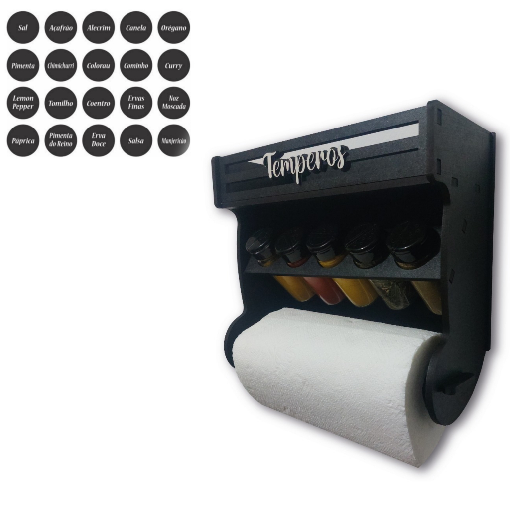 Porta Tempero + Kit 5 potes de condimentos + 20 adesivos