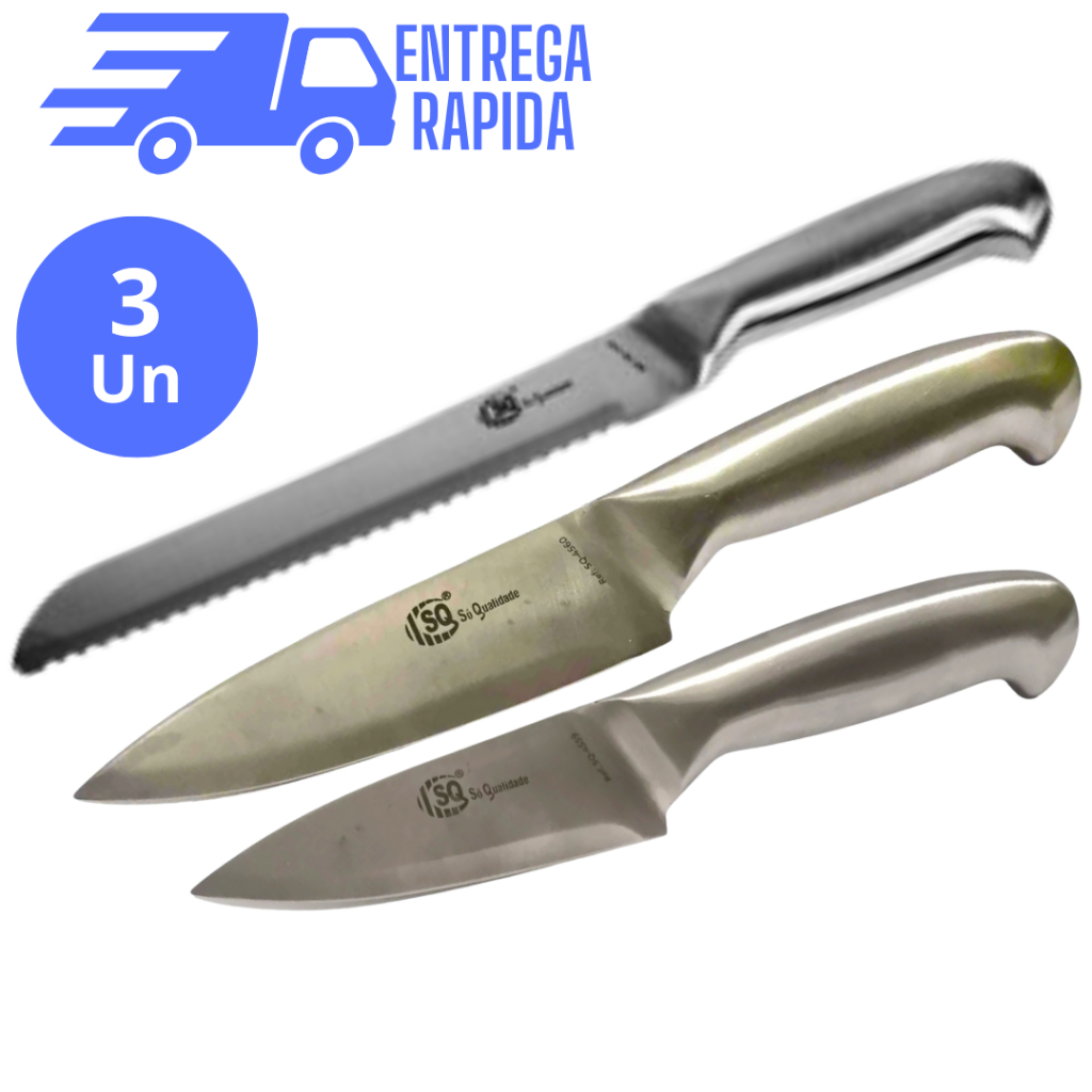 KIT 3 Faca Profissional Inteiriça 5 Polegadas 24 cm , 6 Polegadas 26,5 cm em Aço Inox e Faca para Pão em Aço Inox 8 Polegadas