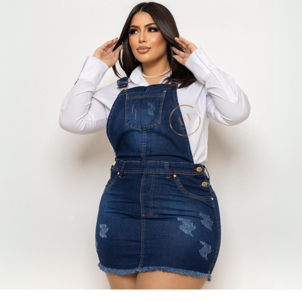 Jardineira Macacão Saia Jeans Plus Size Feminina Com Lycra