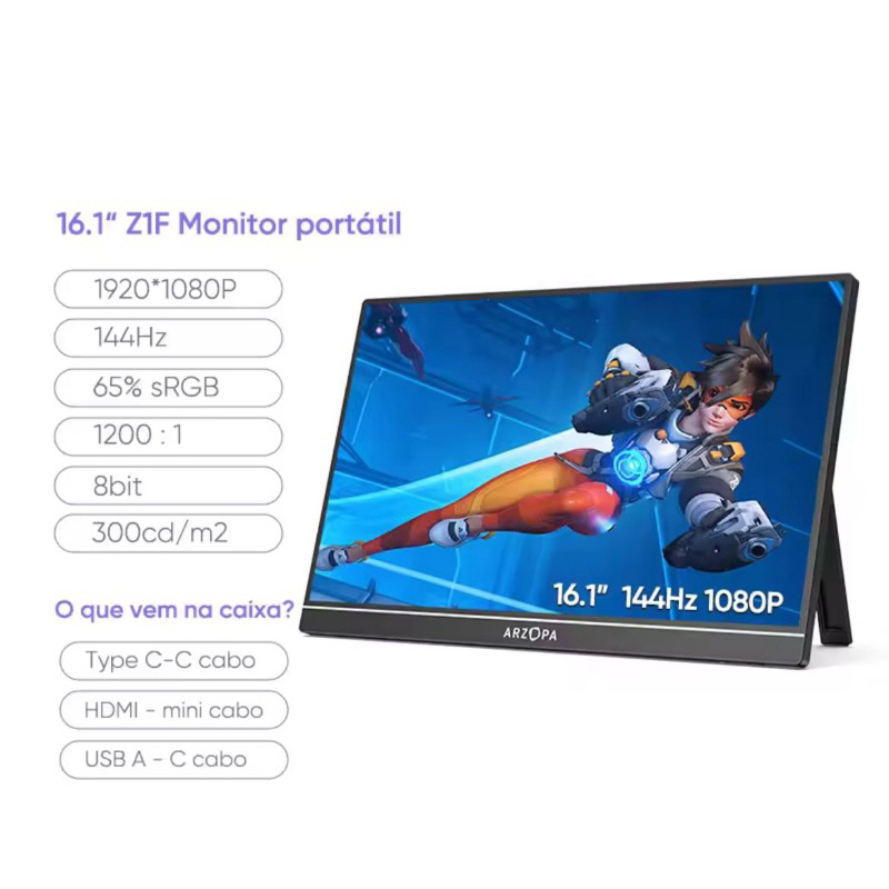 Monitor Arzopa 16.1 Polegadas Portátil Slim 144Hz Envio Imediato ...