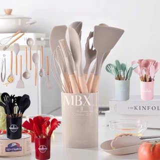 Jogo de Cozinha Kit com 12 Peças de Silicone, Utensílios e Copo Suporte para Cozinha Cabo de Madeira