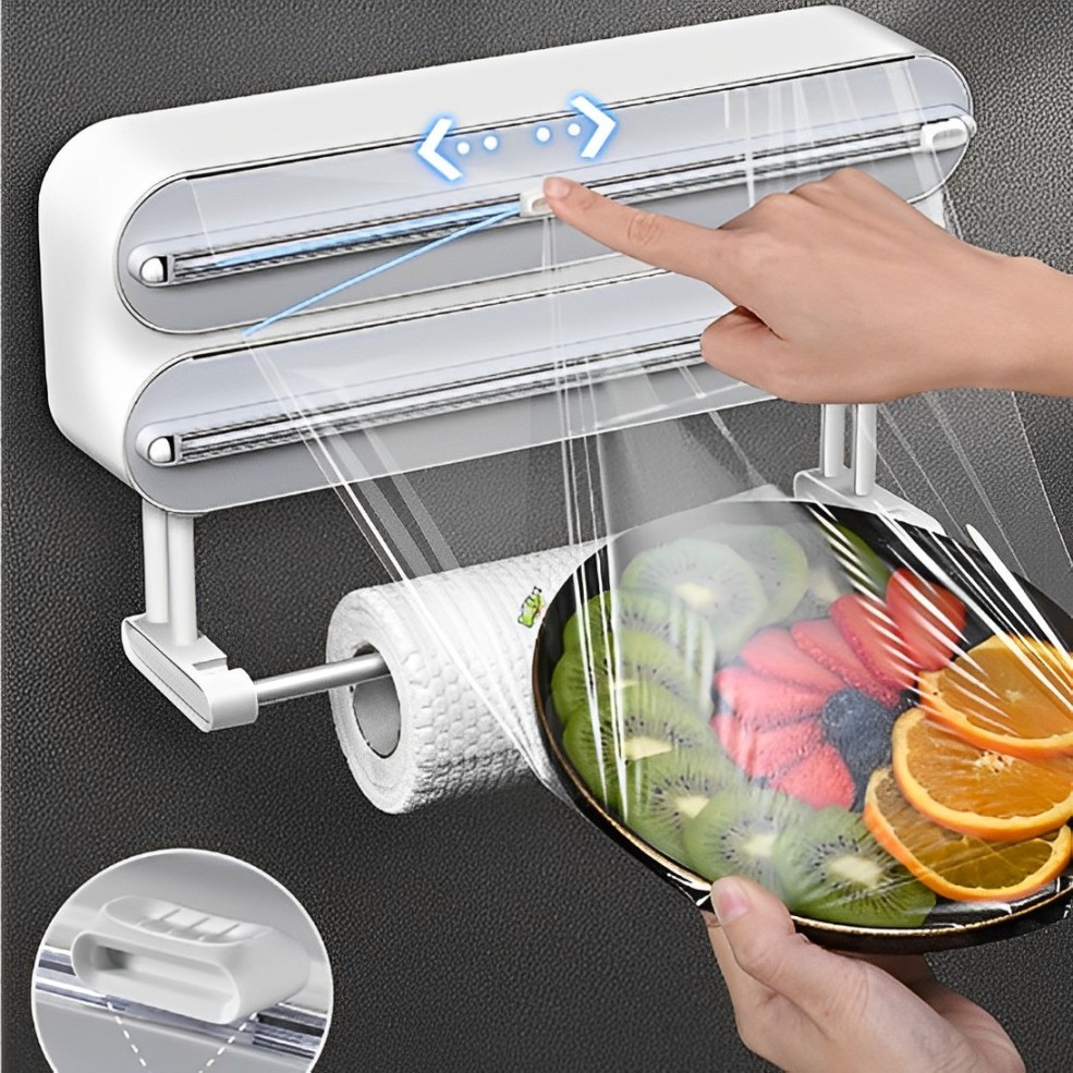 Cortador Duplo De Plástico Filme PVC Suporte Ajustável Dispensor Descartável Ventosa Aderente Selador