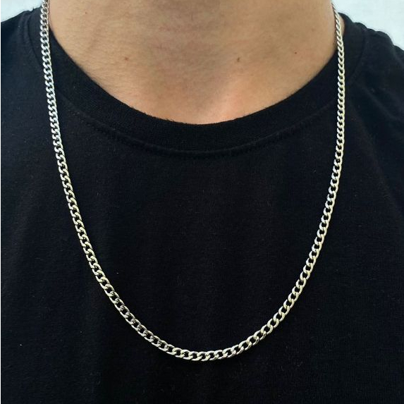 Corrente de cordão masculino 60cm fino aço inoxidável prata grumet