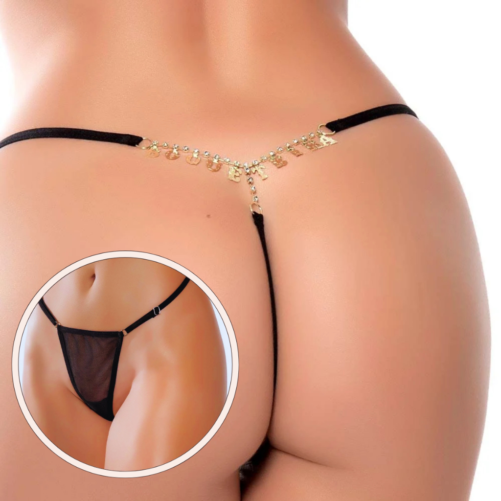 Calcinha Fio Dental Preto Frase Pronta Surpresa Fetiche Strass Yaffa