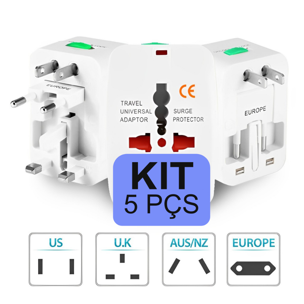 Kit 5 Adaptador De Tomada Universal Para Viagem Internacional Argentina Americana Europa Bivolt