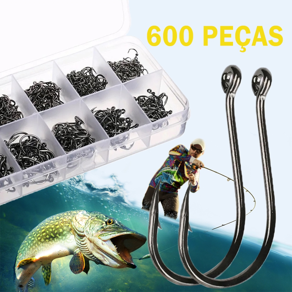 Kit Pesca: 600 Anzóis Chinu nos Tamanhos 3 ao 12 com Estojo de Armazenamento