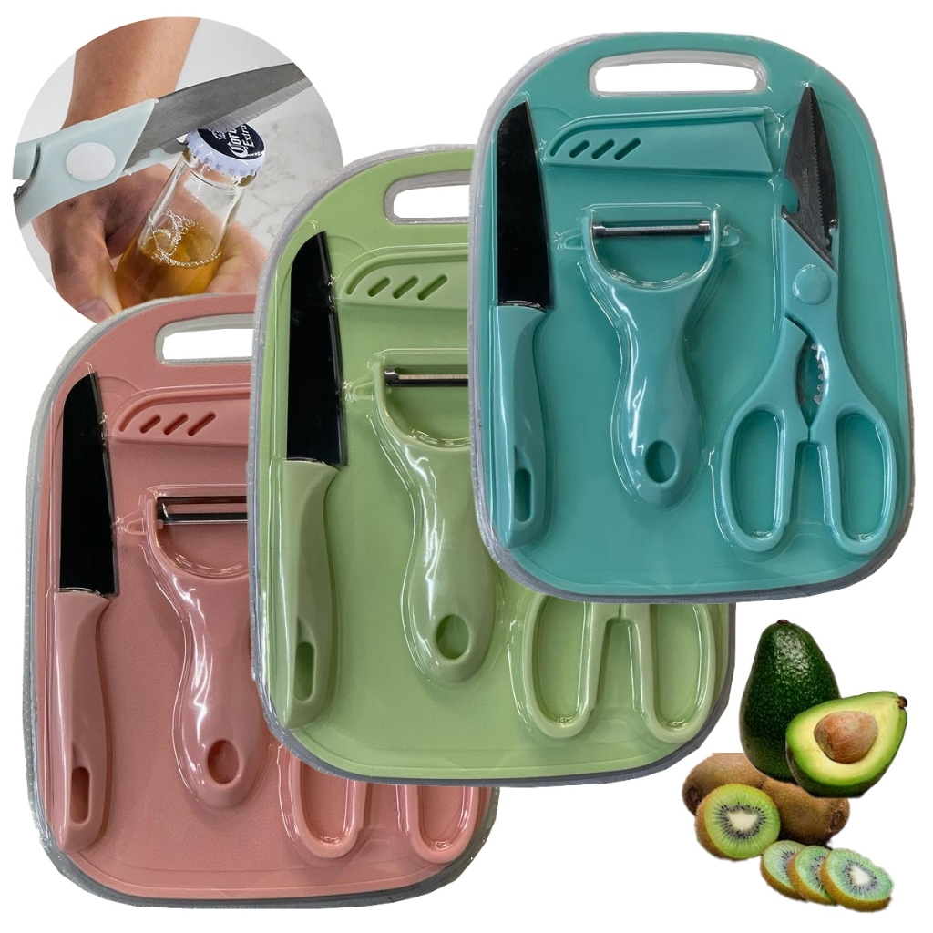 Kit Facas Tesoura Descascador Tábua Coloridos de Cozinha Aço Inoxidável 04 Peças KL-1021